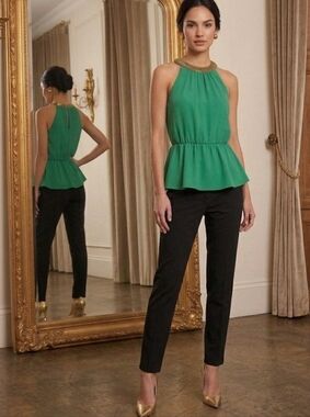 ​XOXO Emerald Green Beaded Halter Peplum Top Gold Jewel Neck Keyhole Back S